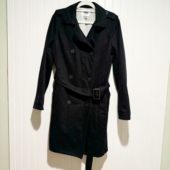 Old Navy Black Trench Coat Cotton Twill Size Medium Tall - Picture 1 of 7